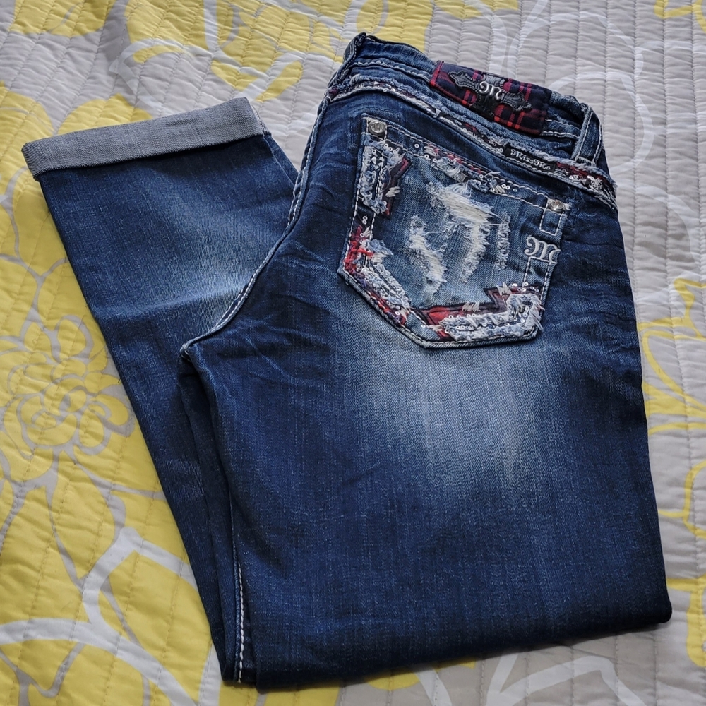 Miss Me Blue Boyfriend Jeans with Red Accents